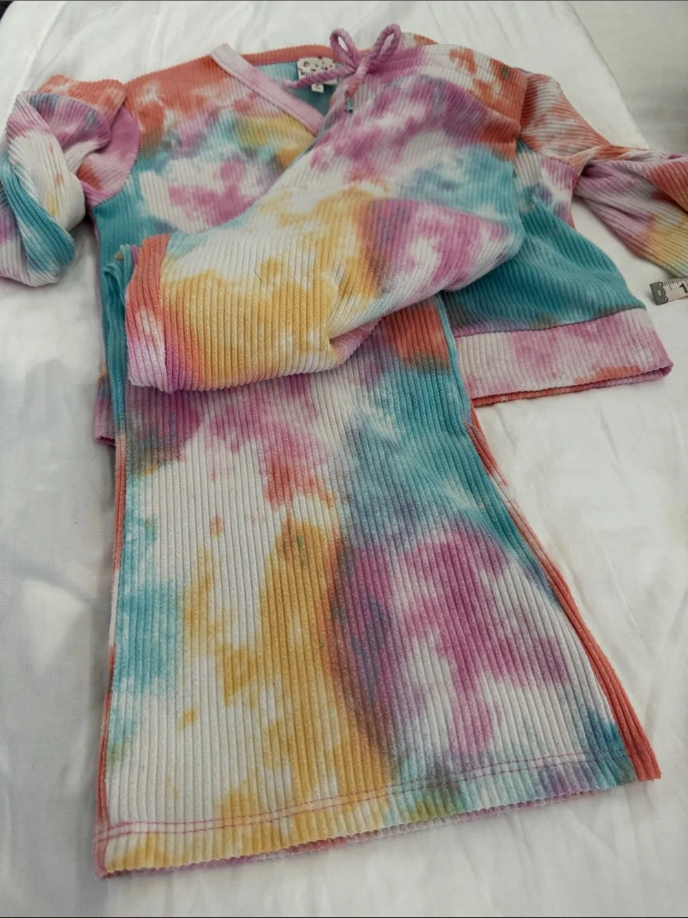 Tie-Dye Ribbed Button-Up Top and Pants Set - Multicolor